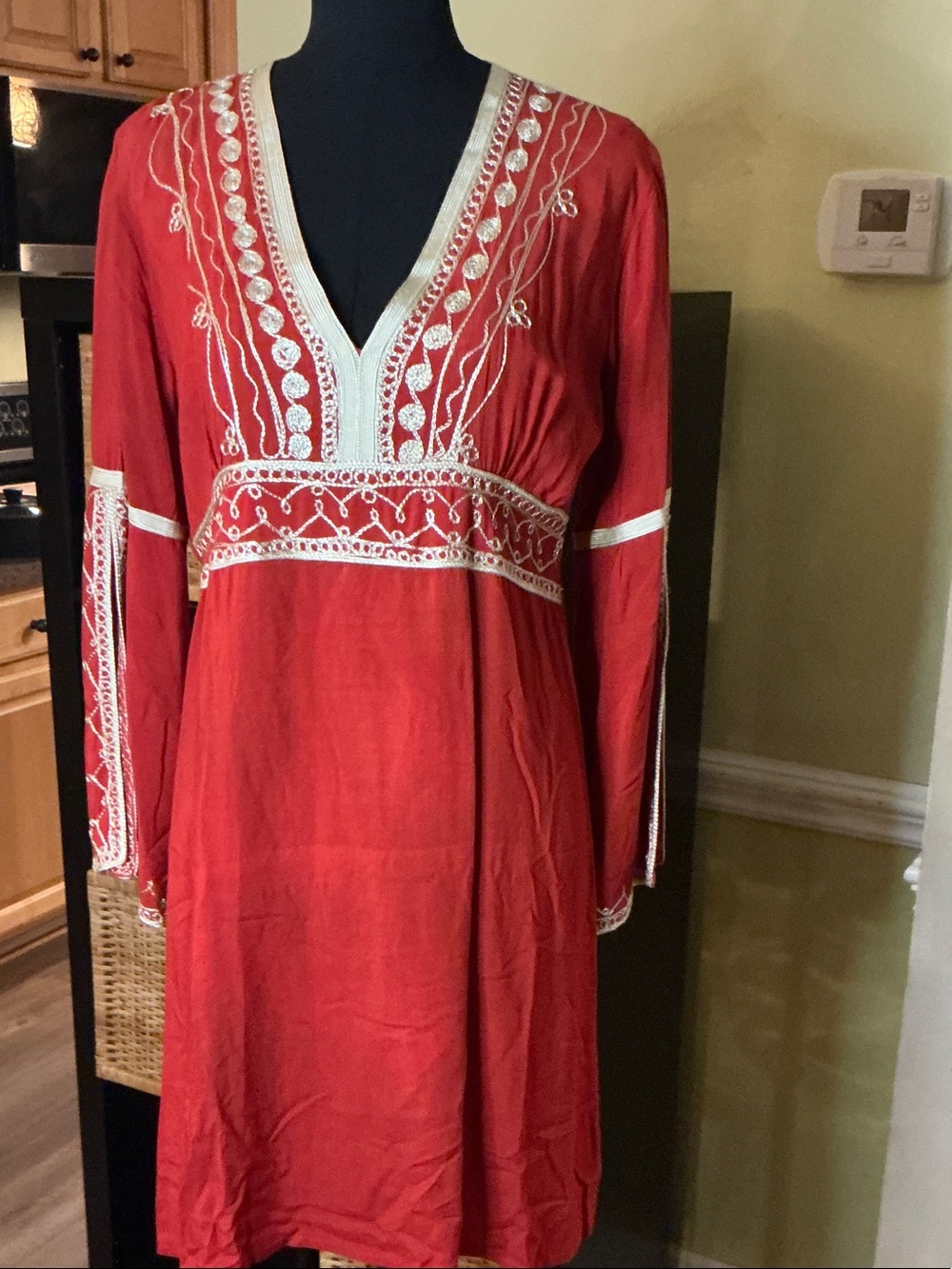 Calypso Red Embroidered V-Neck Tunic Dress with Cream Trim